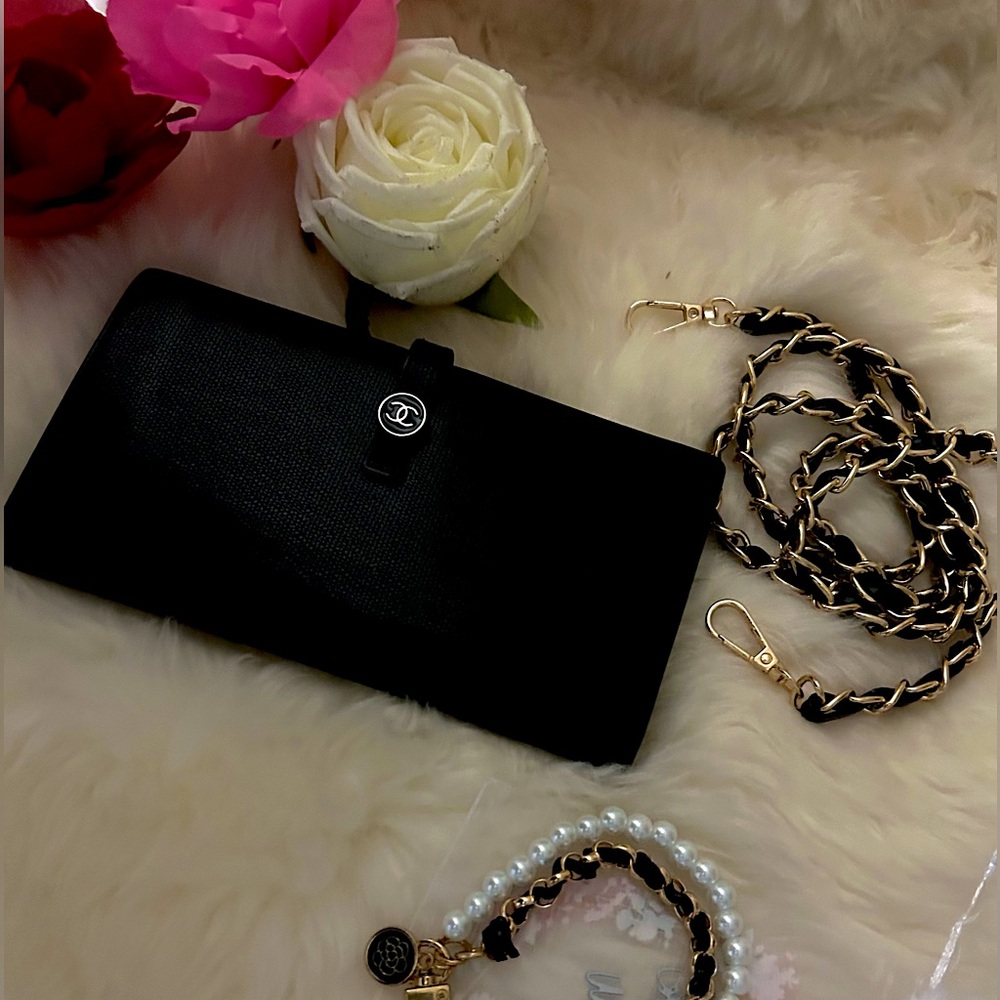 CHANEL Black Caviar Leather Long CC Wallet-Card/Bill/Coin,Pearl&ChainStraps+Book